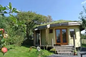 Ruby dog splatted on the eco retreat centre roundhouse steps