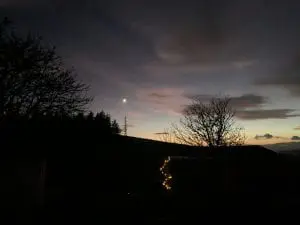 Just after sunset off grid sustainable eco glampsite and glamping