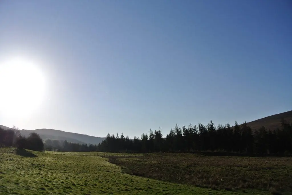 Looking east in the morning off grid sustainable eco glampsite and glamping