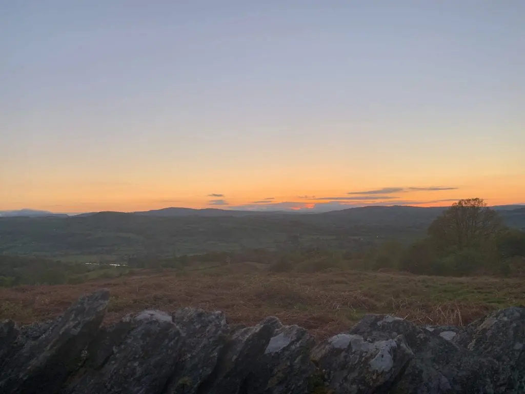 Snowdon and the dee valley after sunset from ty mam mawr off grid sustainable eco glampsite and glamping