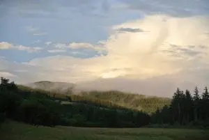 Strange morning mist and light off grid sustainable eco glampsite and glamping