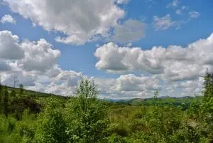 The view out over the Dee Valley to Snowodonia fron Th Crwn Idris Bach yurt at Ty Mam Mawr off grid eco retreat centre