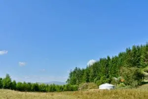 Ty crwn mawr yurt a view from the field off grid sustainable eco glampsite and glamping