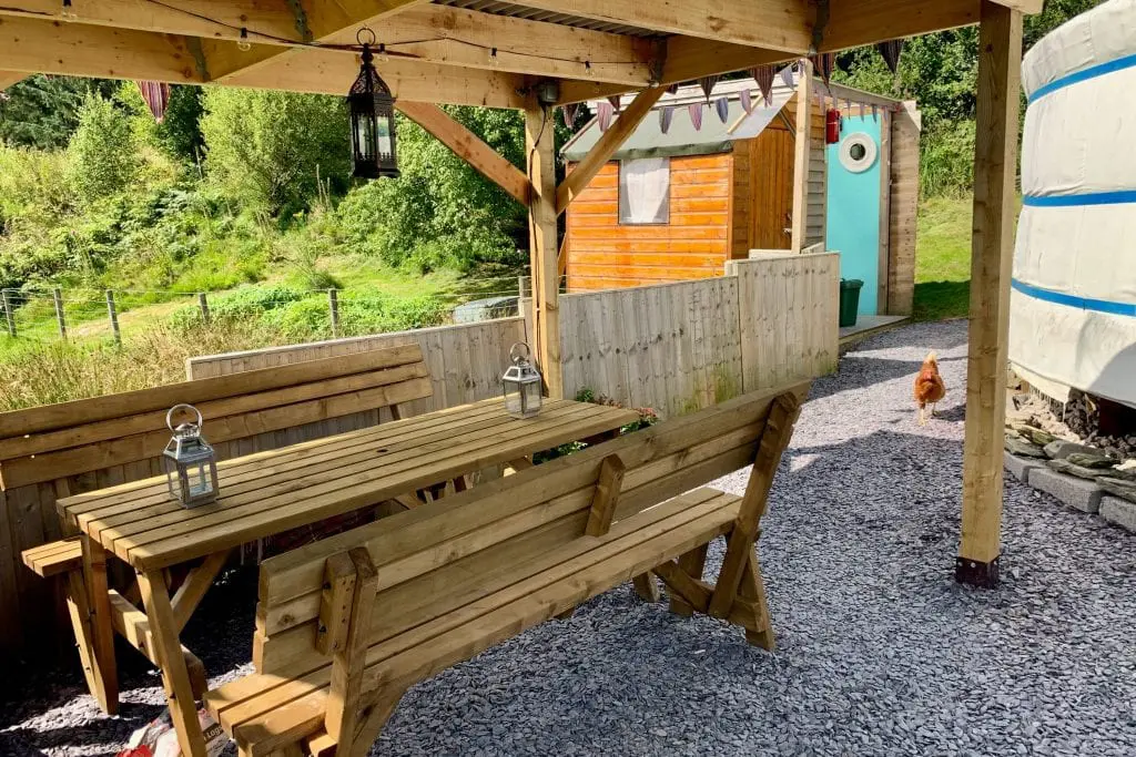 Ty crwn mawr yurt outside covered dining area and fire pit 10 off grid sustainable eco glampsite and glamping