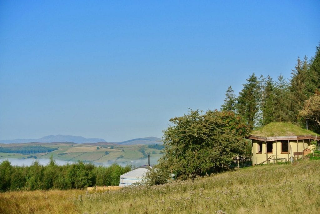 Ty Mam Mawr Eco Retreat Centre - Roundhouse and Big Yurt view to Snowdonia