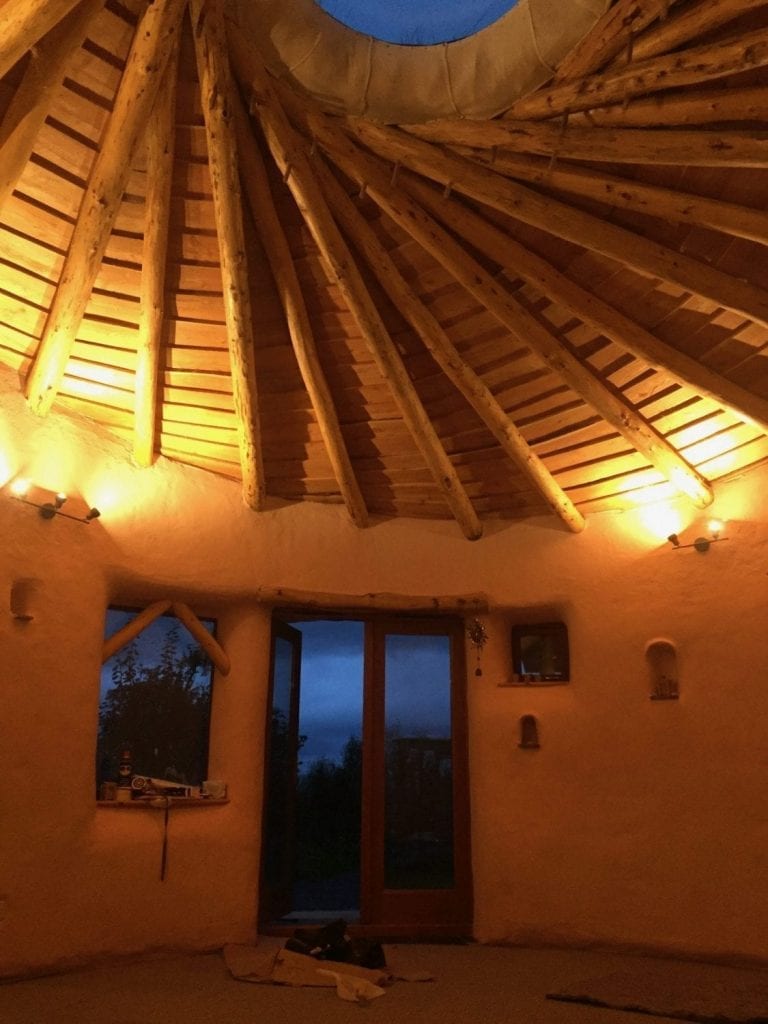 Dusk inside the roundhouse looking west through the french doors