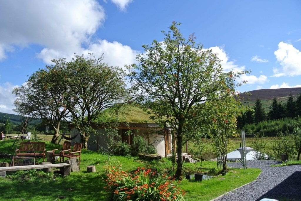 Rowan berries, Moel y Henfaes and Ty Mam Mawr straw bale roundhouse with the yurt in the background