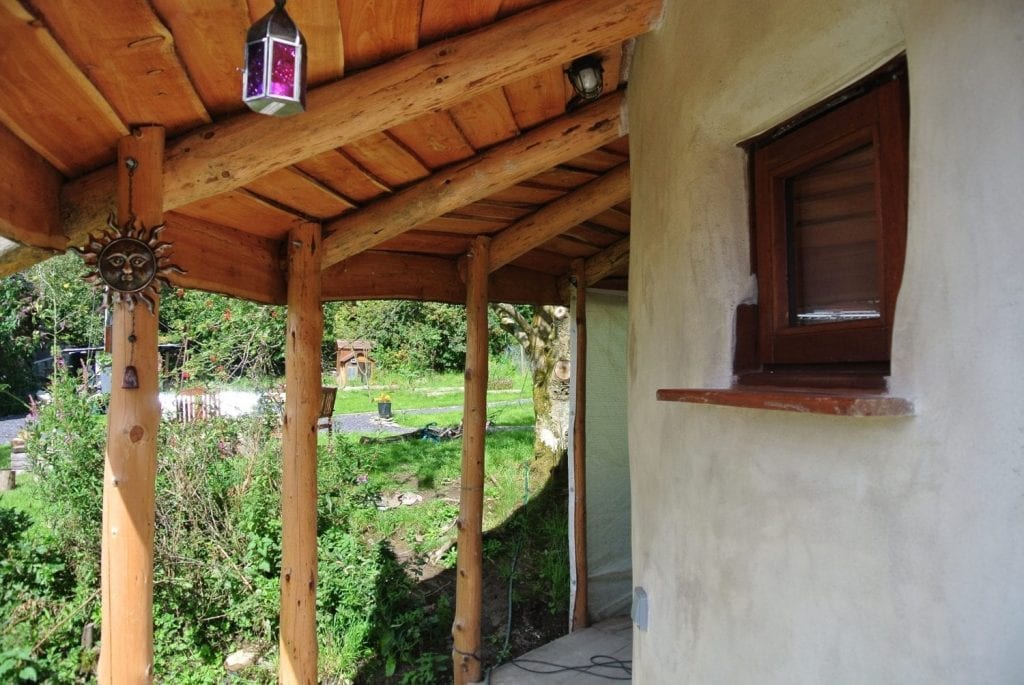 The porch on the straw bale roundhouse at ty Mam Mawr eco retreat centre - Nearly ready for painting now