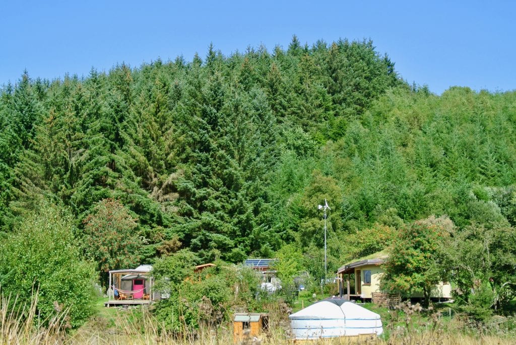 A view of both yurts from the field 2 off grid sustainable eco glampsite and glamping