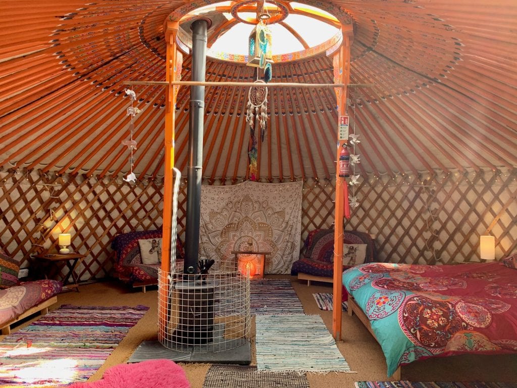 Ty crwn mawr yurt inside off grid sustainable eco glampsite and glamping
