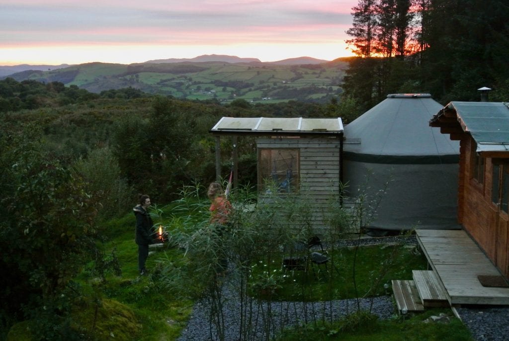 Sunset at ty crwn bach idris yurt greener glamping off grid glampsite north wales