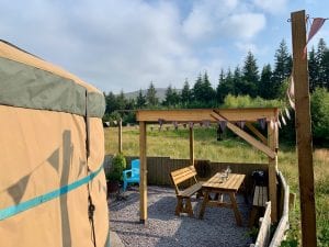 Ty crwn mawr yurt outside covered dining area and fire pit 1 off grid sustainable eco glampsite and glamping